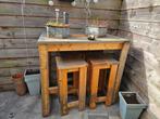 Houten bartafel met 4 krukken, Ophalen, Gebruikt, 100 tot 150 cm, 50 tot 100 cm