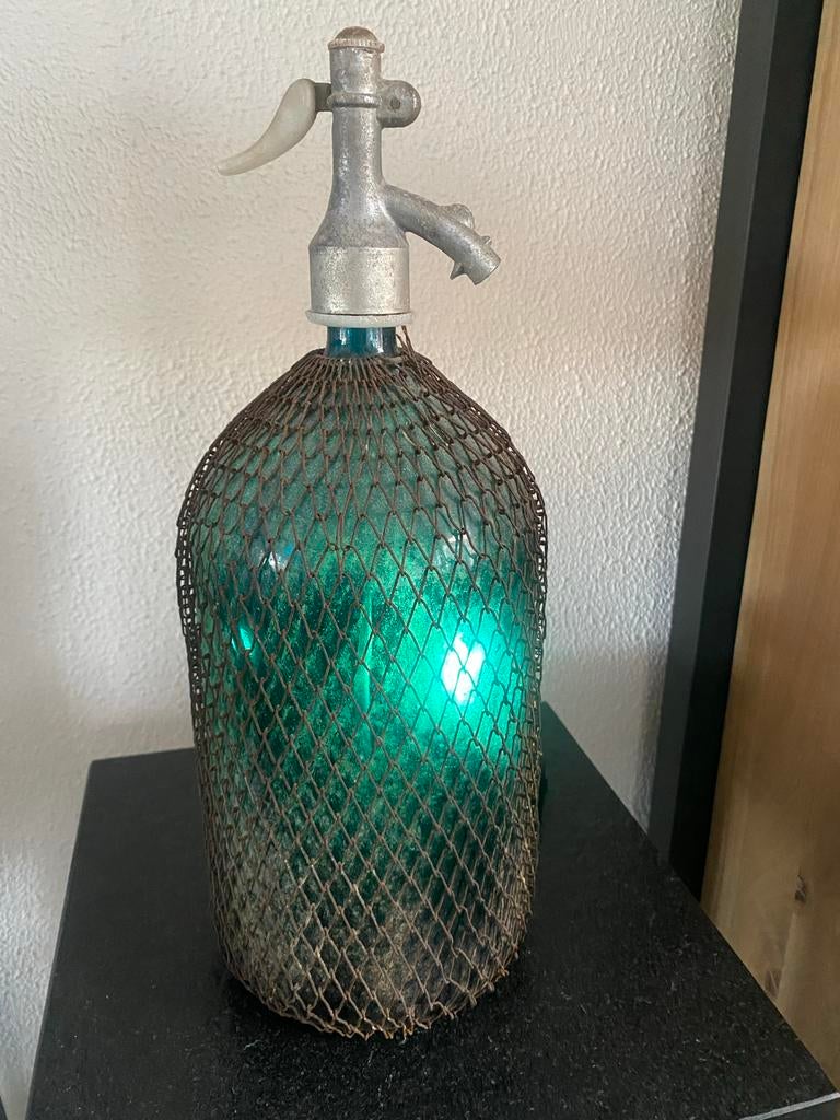 Oude sifonfles met metalen net, Antiek en Kunst, Ophalen
