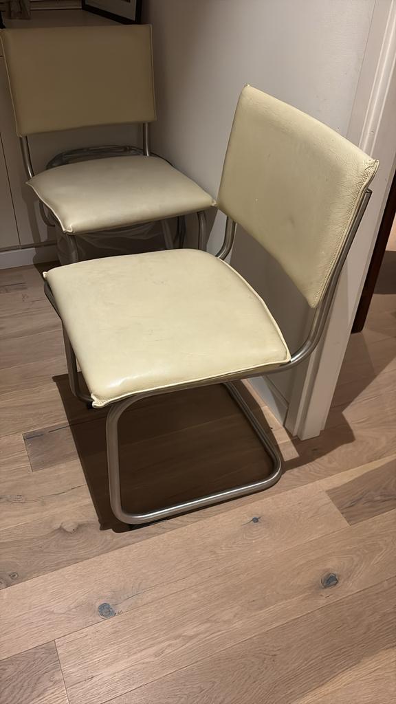 4 Crème Leren Stoelen met Gebruikssporen, Huis en Inrichting, Stoelen, Gebruikt, Vier, Leer, Wit, Ophalen