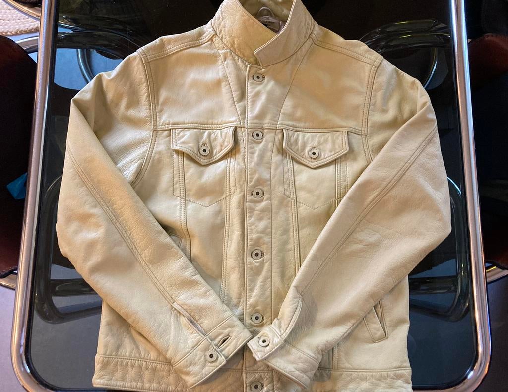 Jack & Jones licht gele leren jas, maat M-L, Kleding | Heren, Jassen | Zomer, Ophalen of Verzenden, Zo goed als nieuw, Maat 52/54 (L)