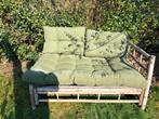 Bamboe tuinbank met groene kussens, 2 zitplaatsen, Gebruikt, Ophalen of Verzenden, Loungeset