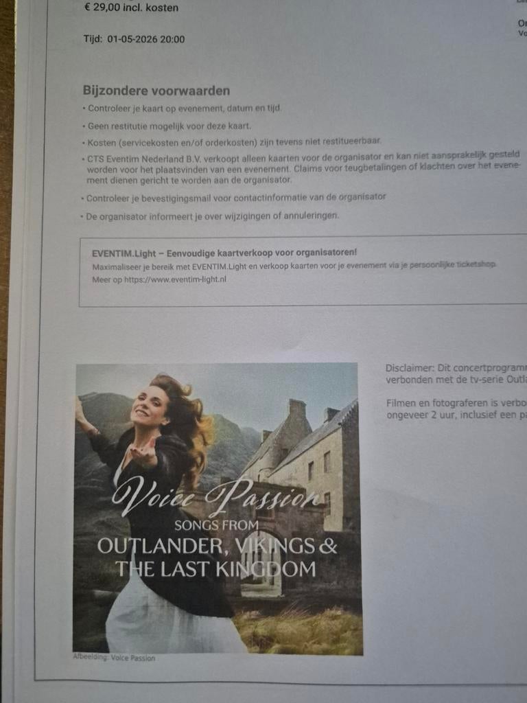 Tickets 1 mei Voice Passion ( Outlander) in Groningen, Ophalen of Verzenden