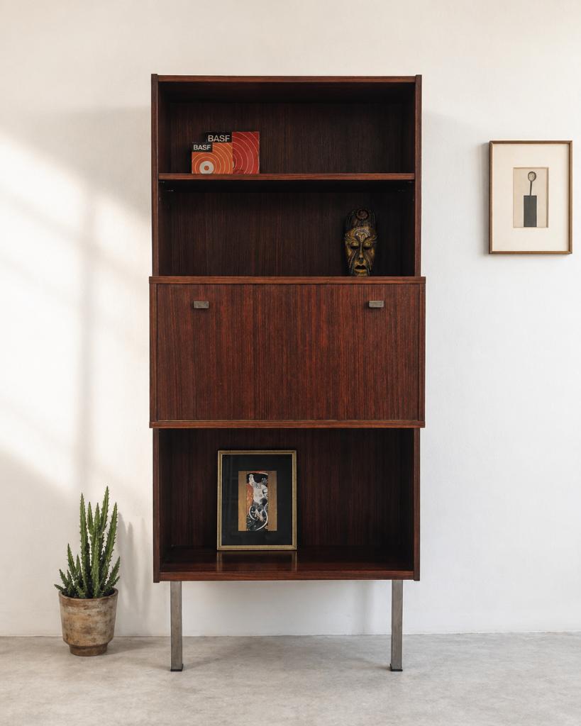 Vintage wandkast in palissander met bar, Ophalen, Minder dan 150 cm, Minder dan 100 cm, Metaal