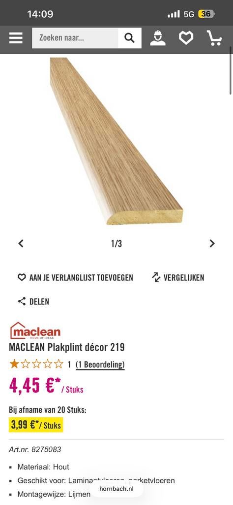 Hornbach plakplint natural oak 219 hout, Ophalen, Nieuw