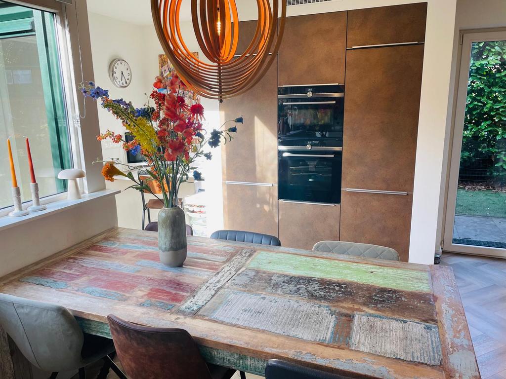 Unieke design eettafel van oud vissersboot hout 200x90, Ophalen, Gebruikt, 200 cm of meer, 50 tot 100 cm