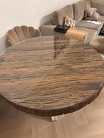 ronde eettafel met houten blad en zilveren poten, Huis en Inrichting, Tafels | Eettafels, Ophalen, Gebruikt, Rond, Overige houtsoorten
