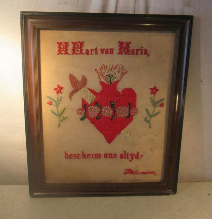 Mooi Oud Religieus Doek - Heilig Hart van Maria - 63x53, Antiek en Kunst, Antiek | Religie, Ophalen of Verzenden