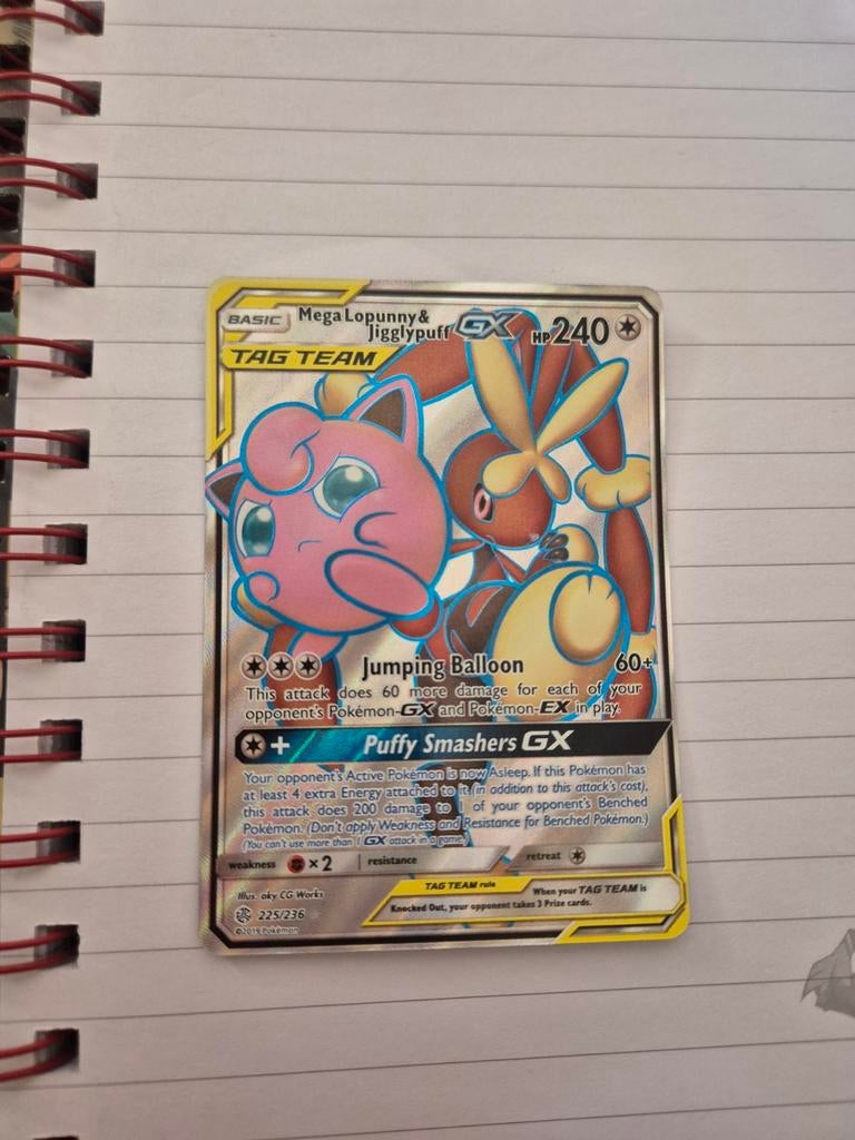 Mega Lopunny & Jigglypuff-GX Pokémon Kaart (225/236), Ophalen of Verzenden, Zo goed als nieuw, Losse kaart, Foil