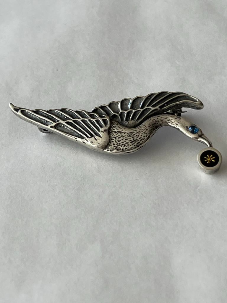 Zilveren Kraanvogel Broche met Aquamarijn - Gekeurd, Sieraden, Tassen en Uiterlijk, 4 tot 7 cm, Verzenden, Zo goed als nieuw, Met edelsteen