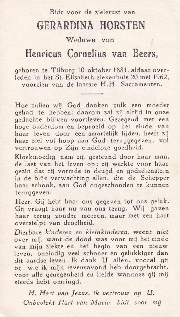 Horsten Gerardina 1881 Tilburg 1962, Ophalen of Verzenden, Bidprentje