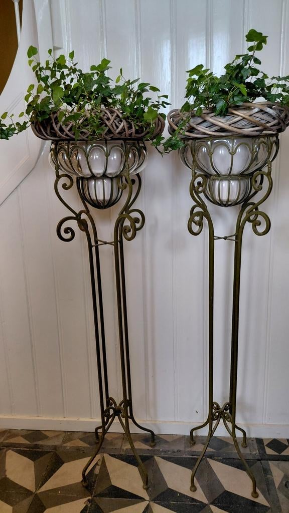120 cm! Set van 2 Venetiaans glazen jardinières ijzeren voet, Ophalen of Verzenden