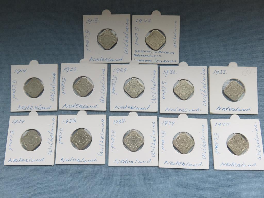 Collectie vierkante stuivers op jaartal – 1913 tot 1943, Postzegels en Munten, Munten | Nederland, Ophalen of Verzenden, Koningin Wilhelmina