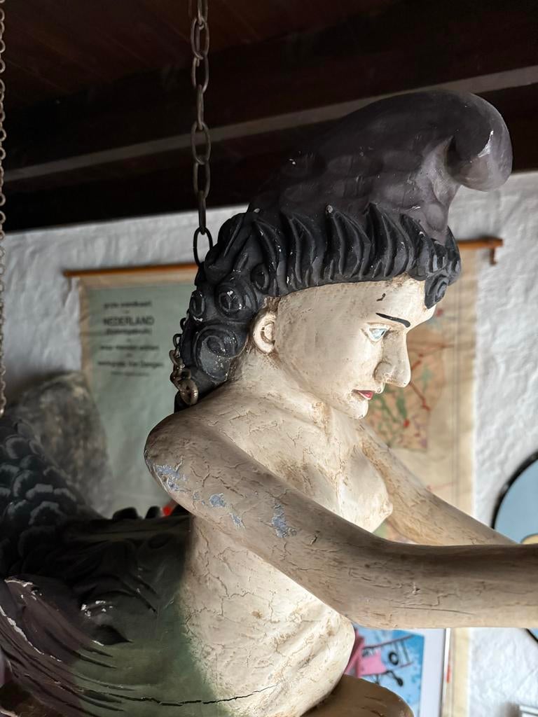 Zeldzaam Antiek Kermisornament: Houten Zeemeermin, Ophalen