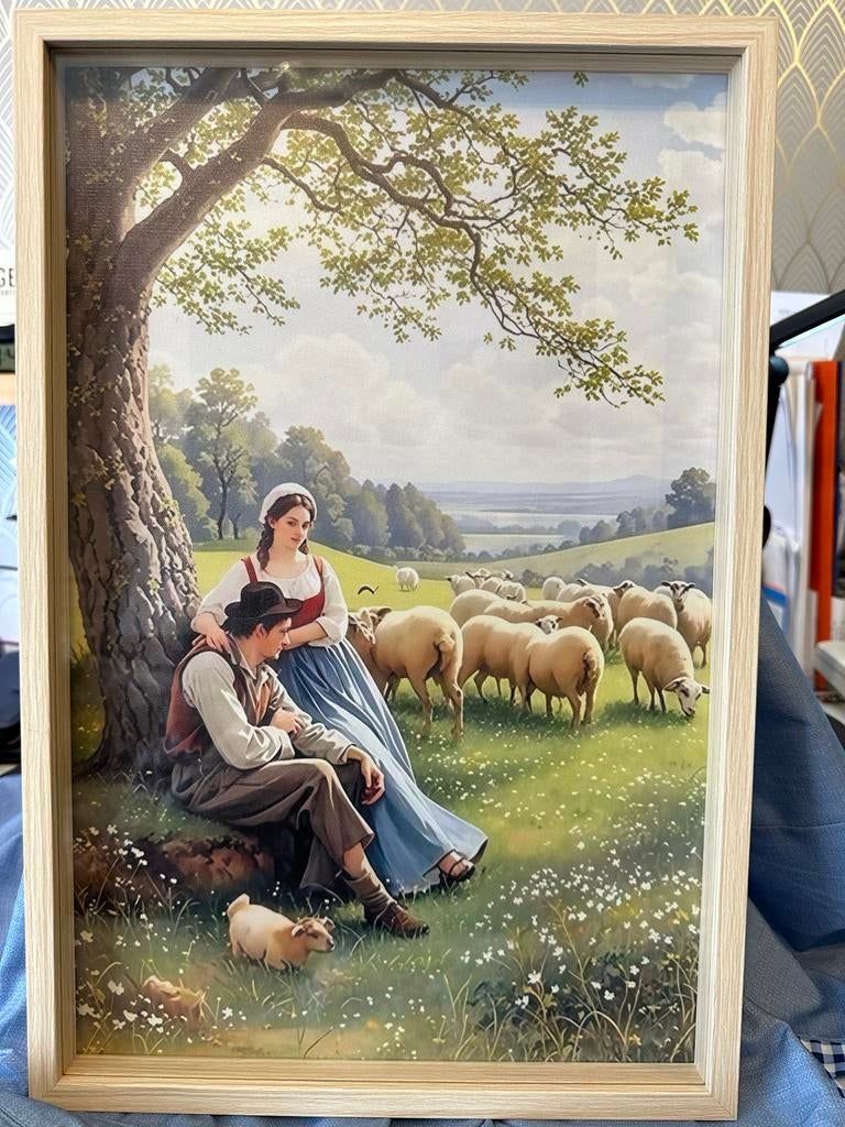 Schilderij herder en herderin met schapen, Ophalen of Verzenden, Nieuw