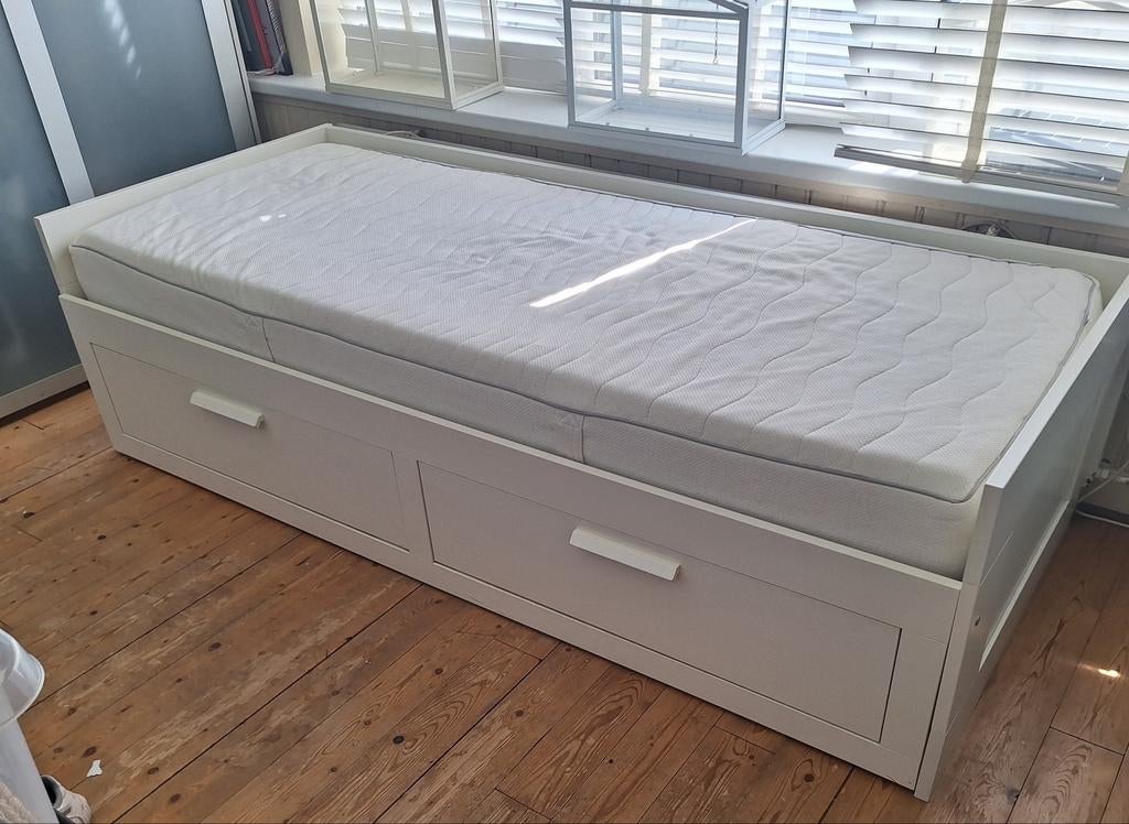 Ikea Brimnes bedbank met lades en matras - 1&2 persoons, Ophalen, Gebruikt, Wit, Tweepersoons