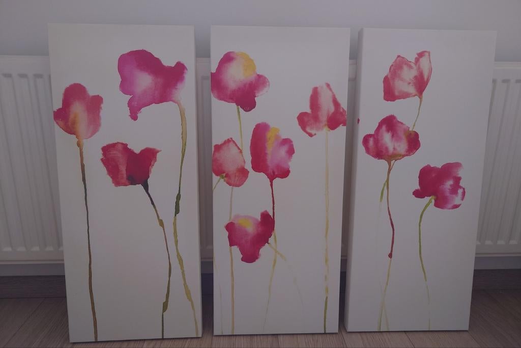Set van 3 schilderijen met roze bloemen, Antiek en Kunst, Ophalen