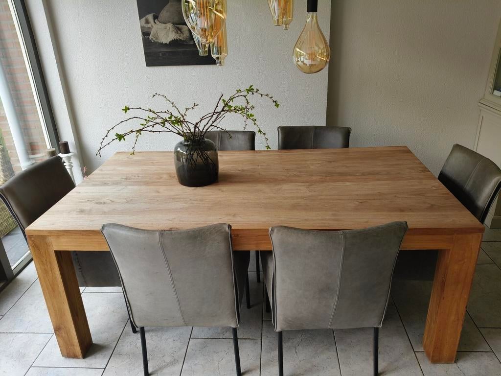 Eiken eettafel met 6 leren stoelen, Huis en Inrichting, Stoelen, Ophalen, Gebruikt, Modern Landelijk, Grijs