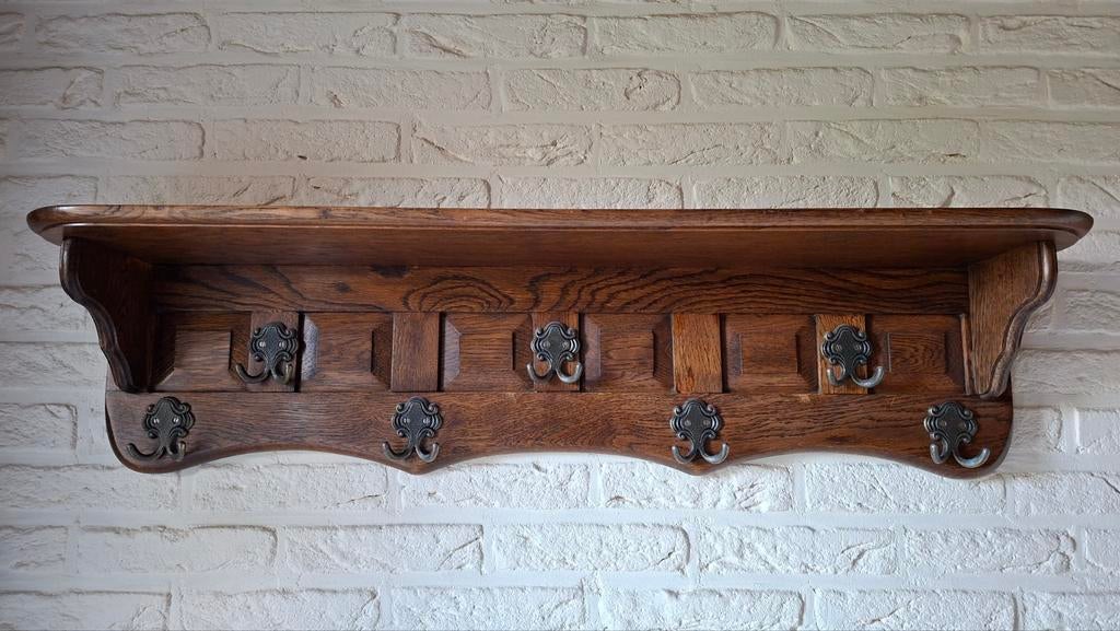 Kapstok met hoedenplank, donker eiken hout, 100 x 19,5 x 24, Gebruikt, Minder dan 100 cm, Hout, Ophalen
