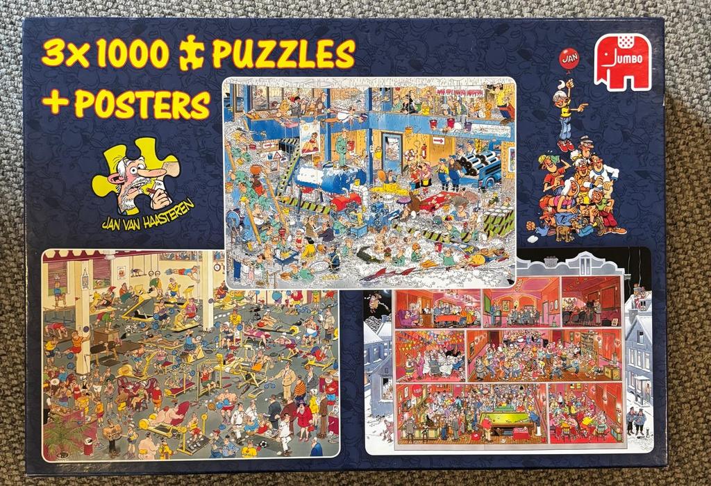 81120 Jan van Haasteren 3x1000 puzzels + posters, Hobby en Vrije tijd, Denksport en Puzzels, Ophalen of Verzenden, 500 t/m 1500 stukjes