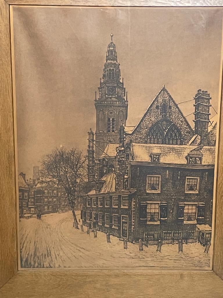Cornelis Brandenburg – ets Oude kerk Amsterdam in de sneeuw, Antiek en Kunst, Kunst | Etsen en Gravures, 53 cm, Ingelijst, Stadsgezicht