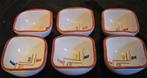 6  noten - pinda  schaaltjes met motief   circa 1950, Porselein of Keramiek, Schaal, Vierkant, Ophalen of Verzenden