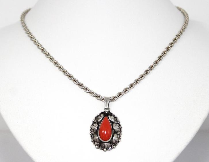 Schitterende Zilver Druppel Bloedkoraal Hanger & Ketting, Sieraden, Tassen en Uiterlijk, Antieke sieraden, Ketting, Zilver, Met edelsteen