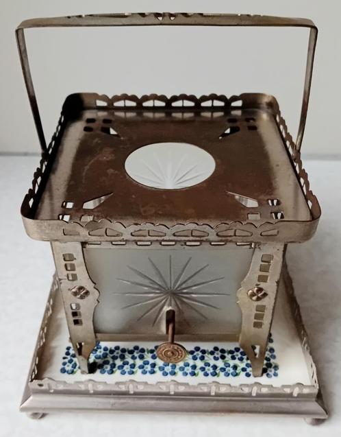 Art-deco vierkant theelichtje met geetst glas, Antiek en Kunst, Antiek | Servies los, Ophalen of Verzenden