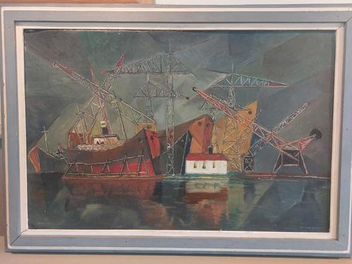 Haven Rotterdam, olieverf op doek, Bas van der Smit 1956, Antiek en Kunst, Kunst | Schilderijen | Modern, Ophalen of Verzenden