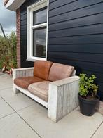 Houten bank met leren kussens, Ophalen, Zo goed als nieuw, Hout, Bank
