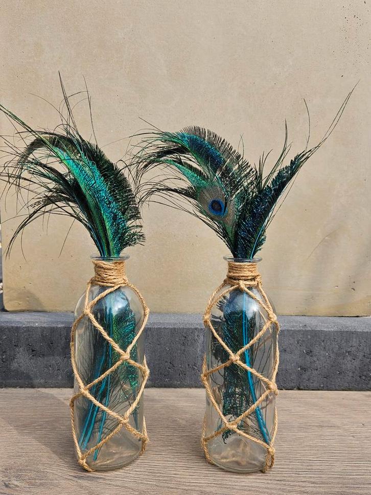 Vaasjes met Pauwenveren - Set van 2, Antiek en Kunst, Antiek | Woonaccessoires, Ophalen of Verzenden