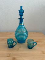 Setje glazen blauw turquoise karaf dop 2 kleine glaasjes, Antiek en Kunst, Antiek | Glas en Kristal, Ophalen of Verzenden