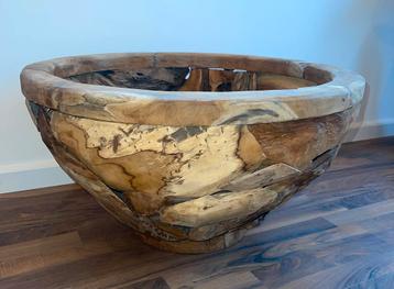 Teak-houten mozaiek plantenbak - doorsnede +/- 70cm beschikbaar voor biedingen
