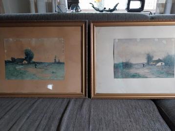 2 oude aquarellen...boerderij met boerin J.H Doeleman 1880. beschikbaar voor biedingen