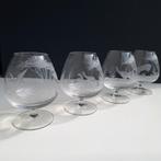 4 antieke geëtste cognac glazen, wild jacht tafereel, Verzamelen, Ophalen of Verzenden, Zo goed als nieuw, Overige typen