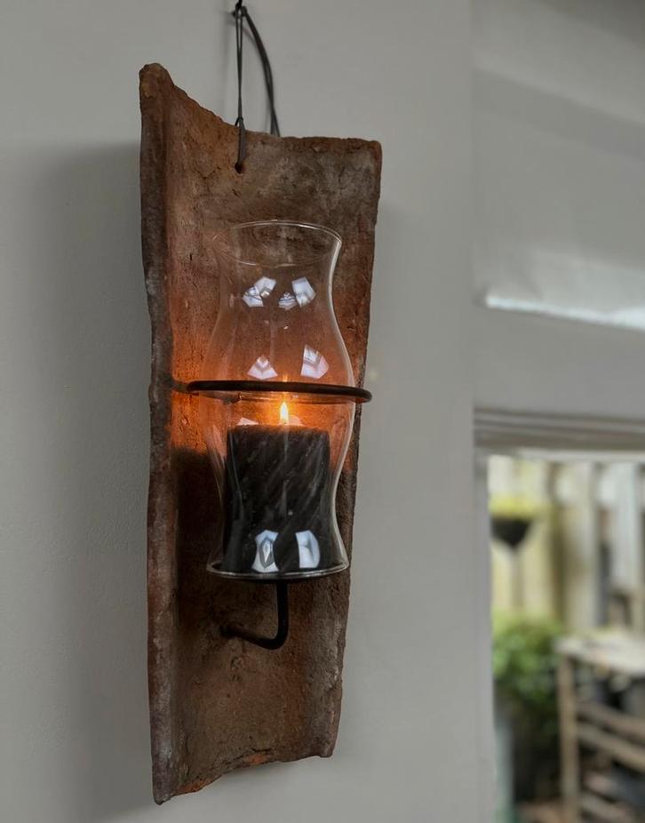 Oude franse dakpan windlicht kandelaar sleets landelijk, Antiek en Kunst, Curiosa en Brocante, Ophalen