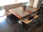 Eetkamer set eetbank tafel en 2 stoelen leer kersenhout, Ophalen, Gebruikt, Minder dan 4 stoelen