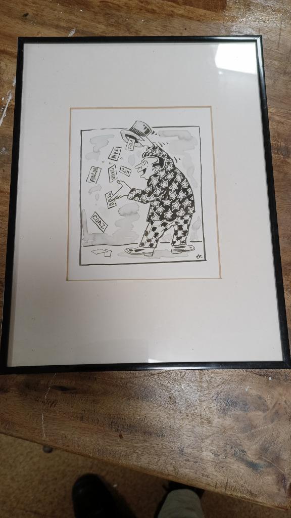 Originele cartoon: goochelaar met politieke chaos, Antiek en Kunst, Kunst | Tekeningen en Foto's, Ophalen of Verzenden
