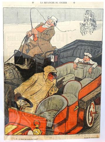 Prent Grandjouan [c.1900] Kleurenillustratie Auto Koets beschikbaar voor biedingen