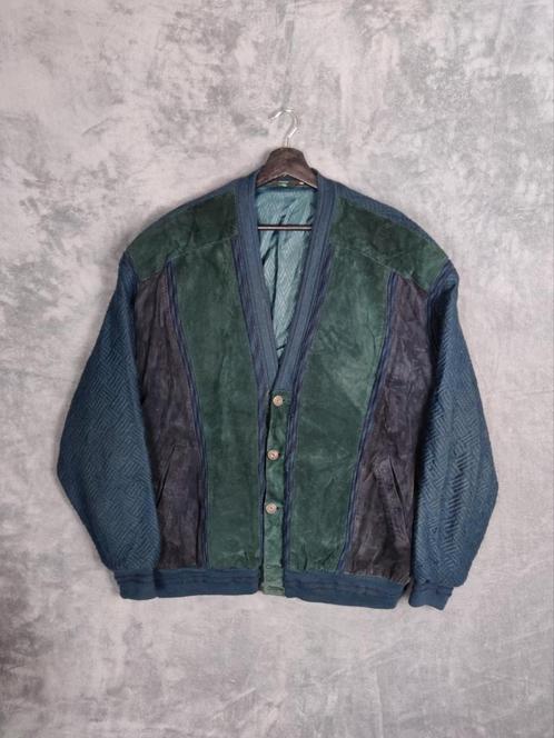 Vintage Cardigan Vest Trui XL Jaren 70 80 Groen Leer Wol, Kleding | Heren, Jassen | Zomer, Zo goed als nieuw, Maat 52/54 (L), Groen