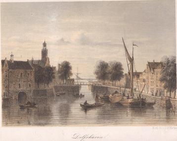 Delfshaven Stadsgezicht met haven en kerk litho 1863 beschikbaar voor biedingen