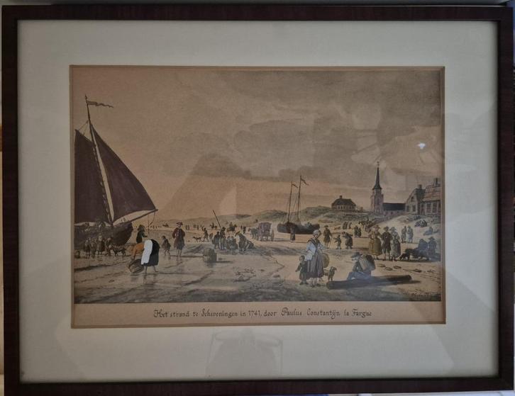 Kleurenprent P.C. la Fargue “strand Scheveningen in 1741”, Antiek en Kunst, Kunst | Etsen en Gravures, Ophalen of Verzenden