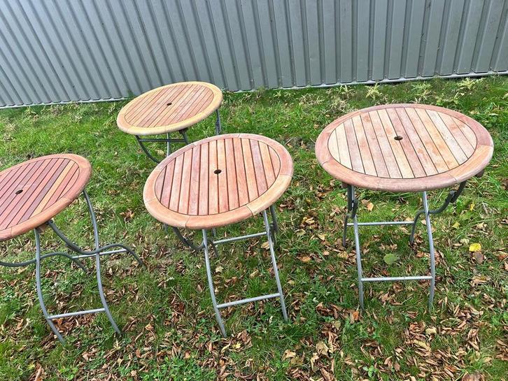 4x Inklapbare statafels met houten blad, Tuin en Terras, Tuintafels, Gebruikt, Rond, Hout, Ophalen