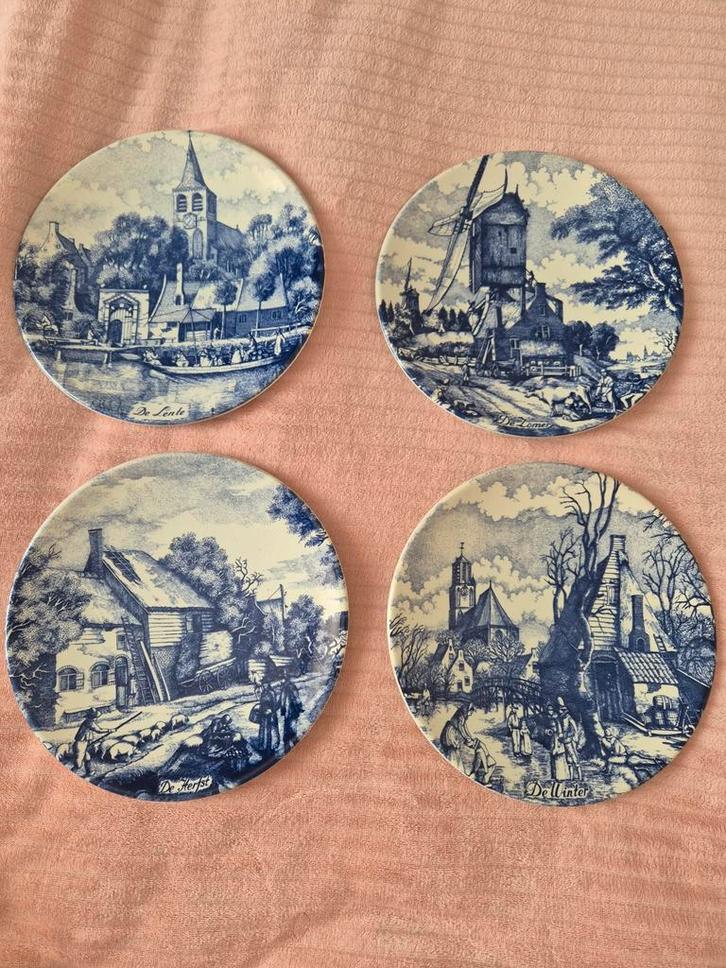 Delfts Blauw Wandbordjes - Set van 4 lente zomer herfst w, Antiek en Kunst, Antiek | Wandborden en Tegels, Ophalen of Verzenden
