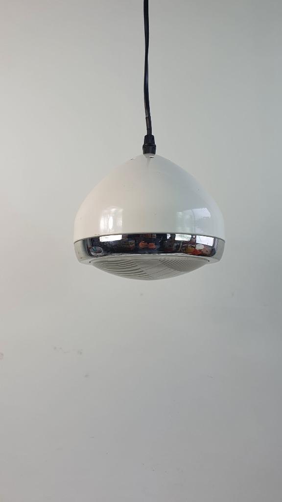 Retro Space Age hanglamp, koplamp, wite bol, chroom. 8B8, Huis en Inrichting, Lampen | Hanglampen, Gebruikt, Minder dan 50 cm