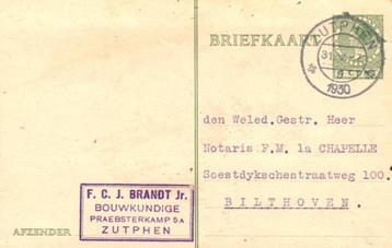 Briefkaart gelopen Zutphen 1930 -afz. F. Brandt Bouwkundige  beschikbaar voor biedingen