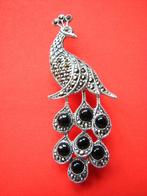 Prachtige Zilveren Broche Zwarte Onix en Markasietjes - Pauw, Sieraden, Tassen en Uiterlijk, Antieke sieraden, Verzenden, Zilver