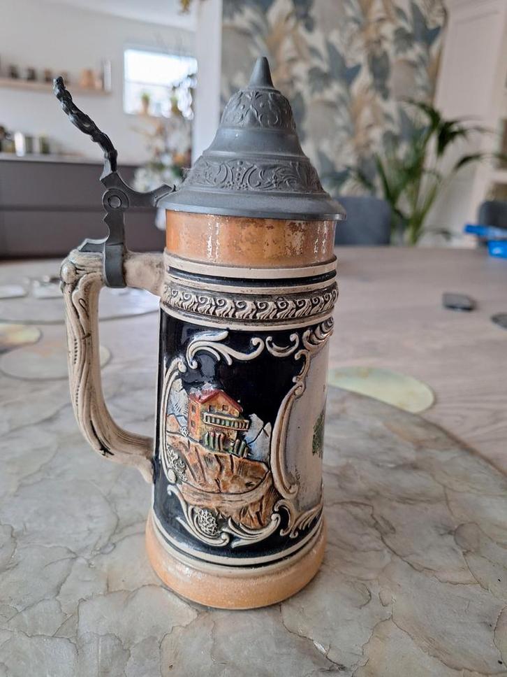 Duitse Bierpul met Tinnen Deksel - Handgeschilderd, Antiek en Kunst, Antiek | Keramiek en Aardewerk, Ophalen