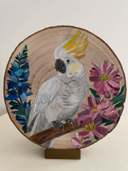 Kaketoe op boomschijf, Huis en Inrichting, Woonaccessoires | Schilderijen, Tekeningen en Foto's, Nieuw, Schilderij, Minder dan 50 cm
