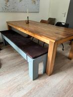 Houten tafel 220 lang en 100 breed met bijpassend bankje, Ophalen, 200 cm of meer, 50 tot 100 cm, Zo goed als nieuw