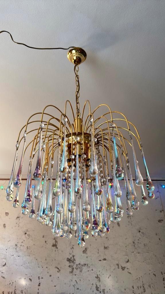 Xl vintage Murano Teardrop kristallen kroonluchter parelmoer, Huis en Inrichting, Lampen | Kroonluchters, Zo goed als nieuw, Glas
